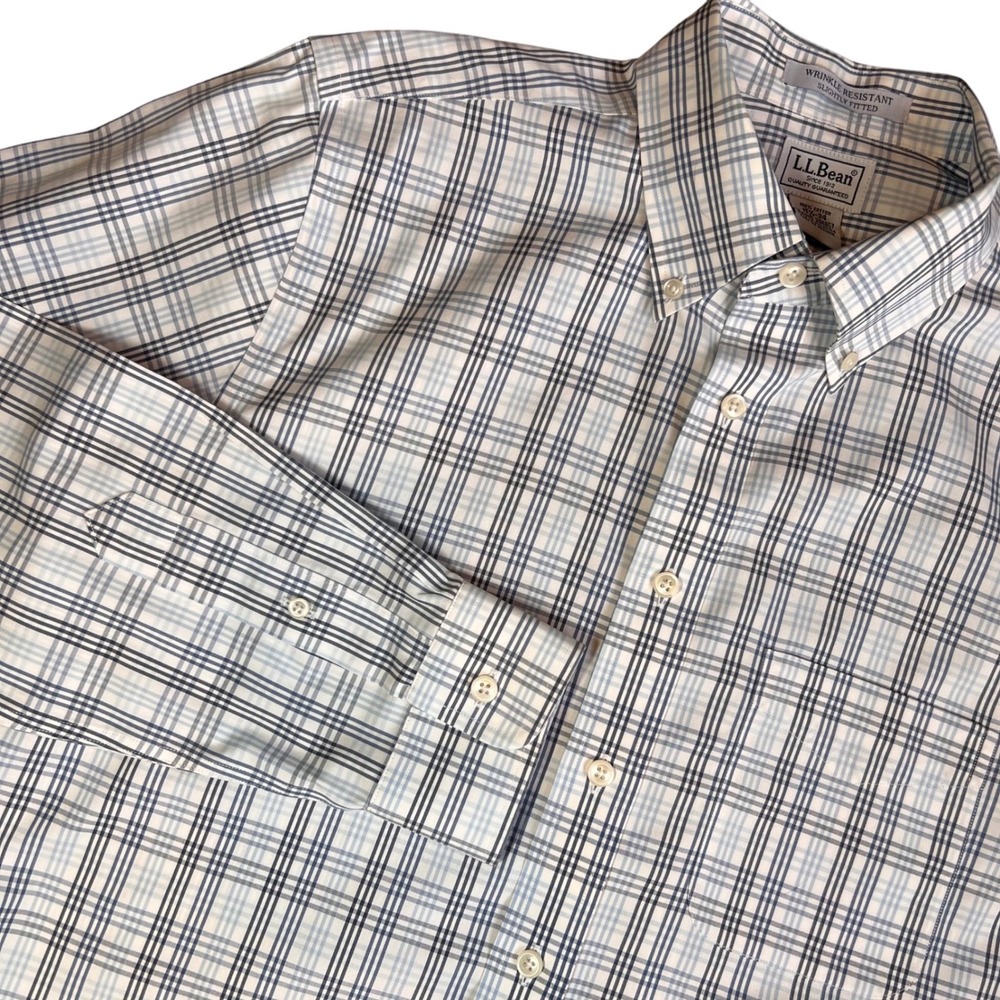L.L. Bean Wrinkle Resistant Plaid Dress Shirt Slightly Fitted Blue‎ Size 15.5-34